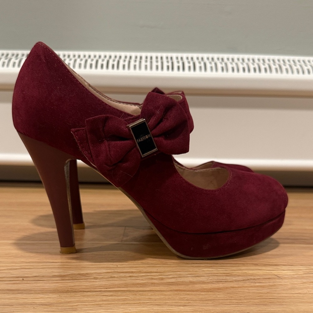Burgundy Mary Jane Heels with Bow
